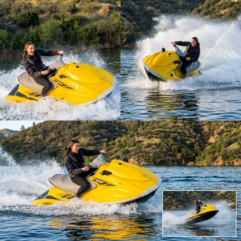 A four-panel collage of a rider carving the yellow WaveRunner through spray on Lake Shasta