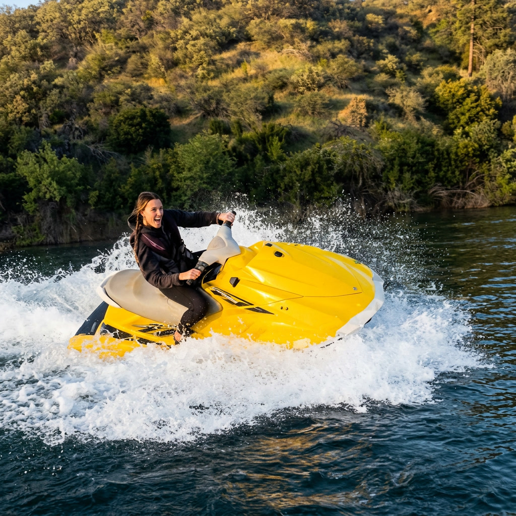 A rider carving the yellow WaveRunner through a turn and throwing a wide wall of spray