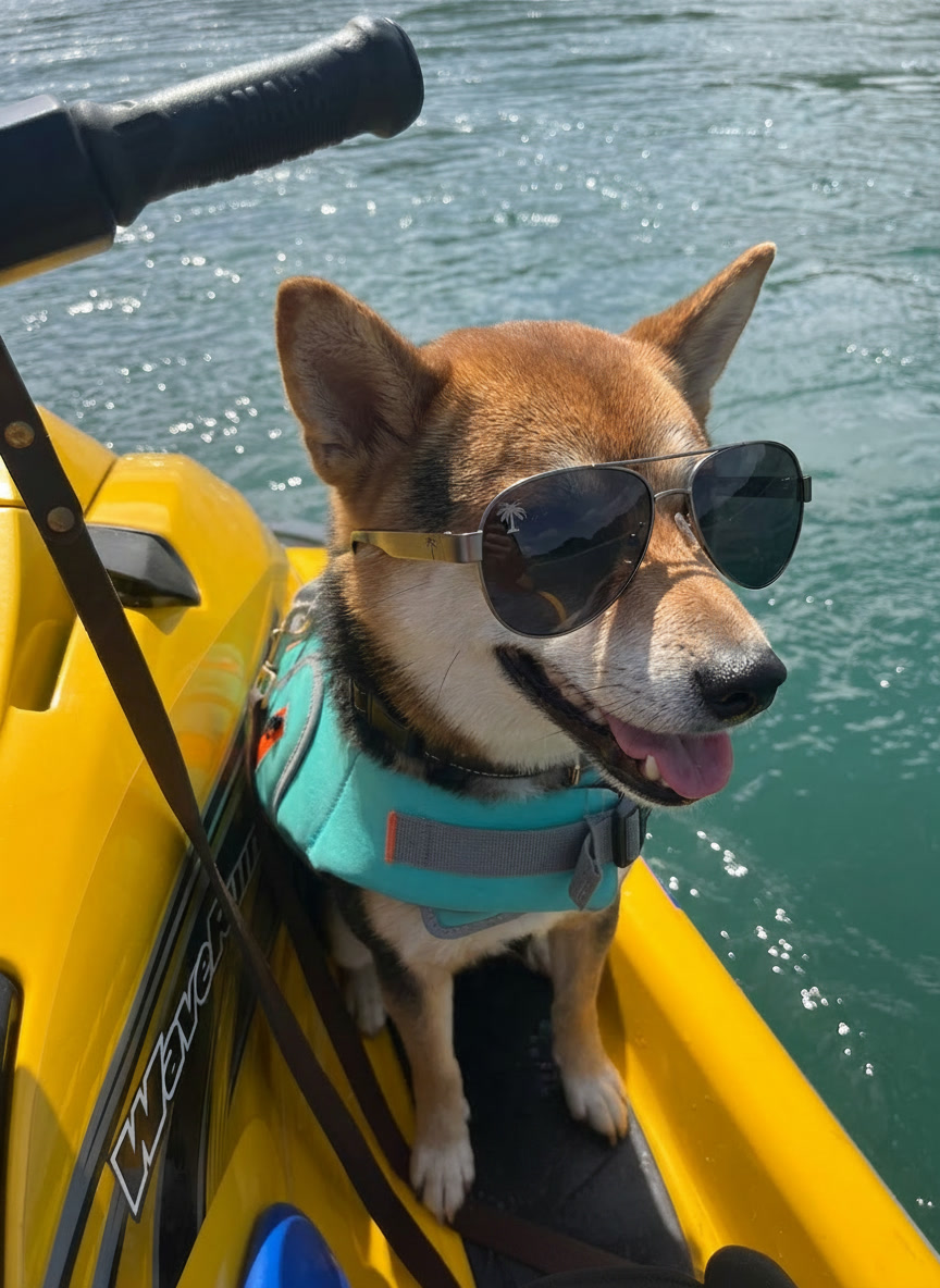 A corgi mix wearing aviator sunglasses and a teal life vest standing on the yellow WaveRunner over sparkling blue water