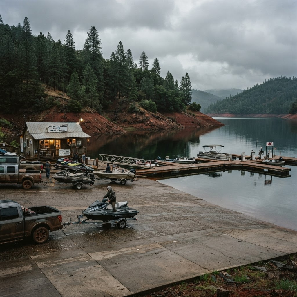 A boat launch ramp on Lake Shasta with jet skis on trailers at first light